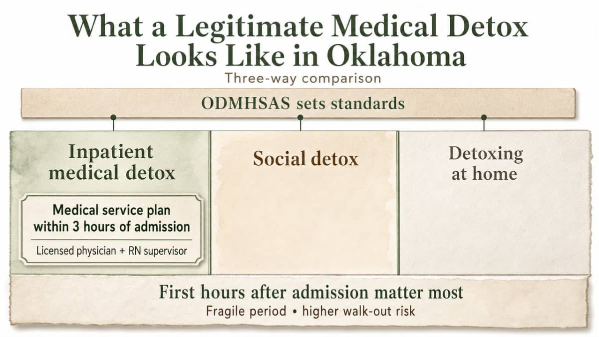 Support the section's three-way comparison of inpatient medical detox vs. social detox vs. detoxing at home, which is a governance/comparison framework directly cited in the article