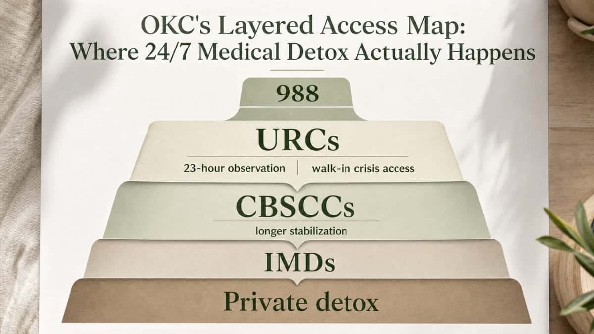 Visualize the tiered access model of Oklahoma's crisis-to-detox system described in this section, showing the escalation from 988 through URCs, CBSCCs, IMDs, and private detox — a process/framework the section explicitly cites