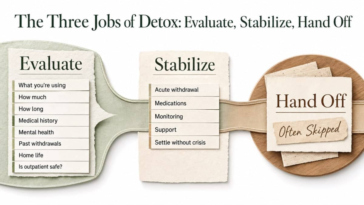 Process infographic visualizing the three-part detox process cited from TIP 45, which structures the entire section