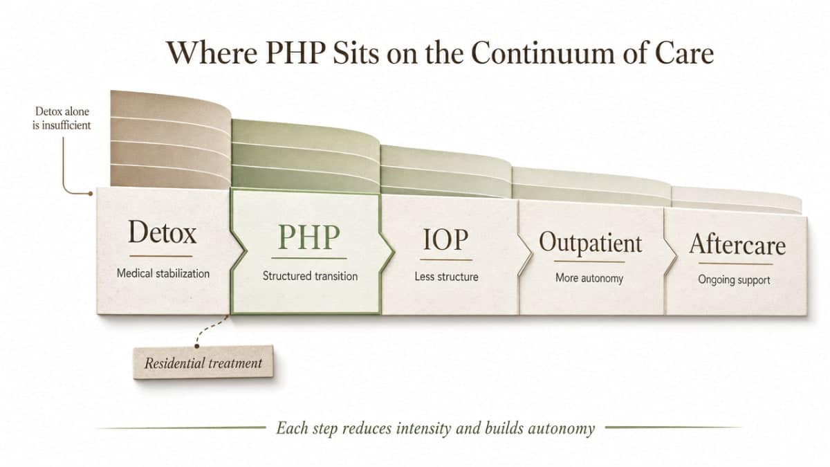Visualize the continuum of care progression from Detox through PHP to aftercare, showing where PHP sits as a bridge level of care as described in the section