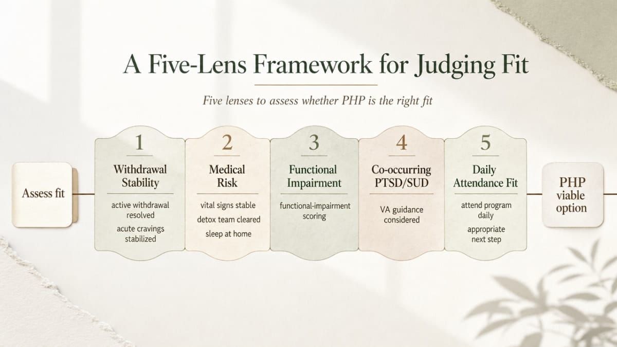 Visualize the five-lens assessment framework introduced in the section for evaluating whether PHP is the right fit