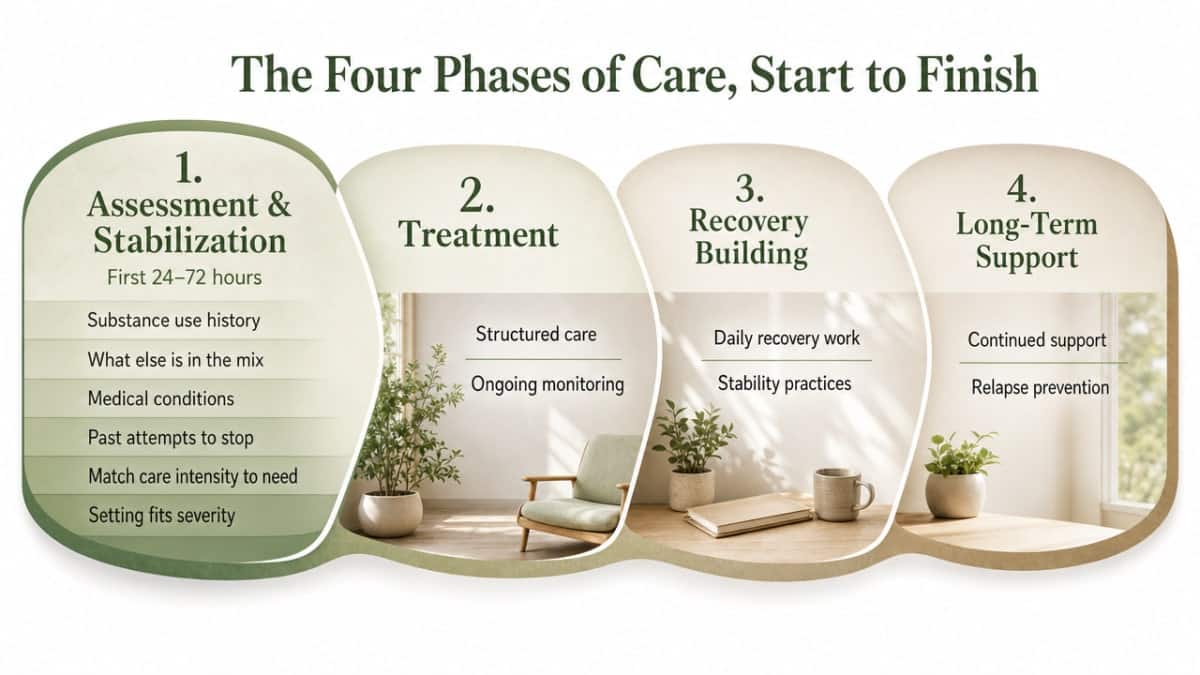 Visualize the four sequential phases of meth rehab described in this section, giving readers a clear operational roadmap from intake through long-term recovery support