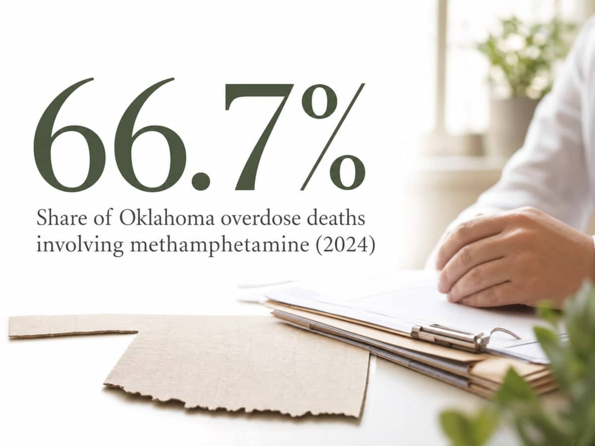 Infographic showing Share of Oklahoma overdose deaths involving methamphetamine (2024)
