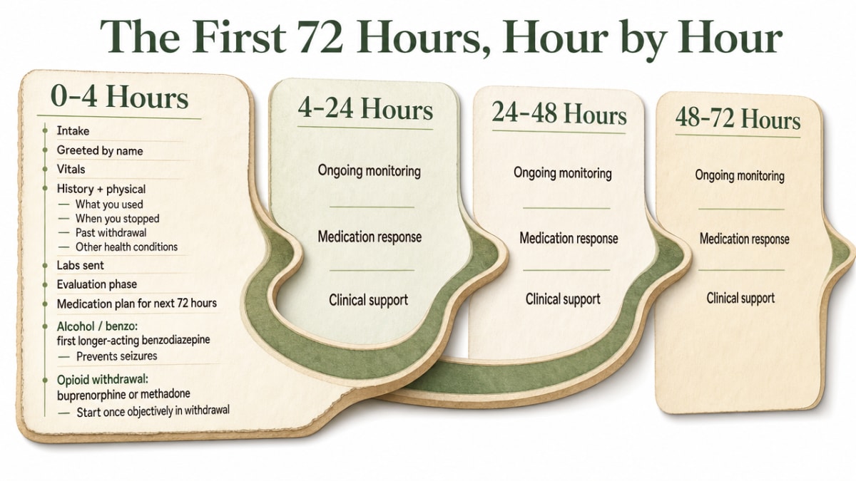 Visualize the four hour-by-hour phases described in the section (0-4, 4-24, 24-48, 48-72) as a patient journey timeline showing what happens clinically in each window