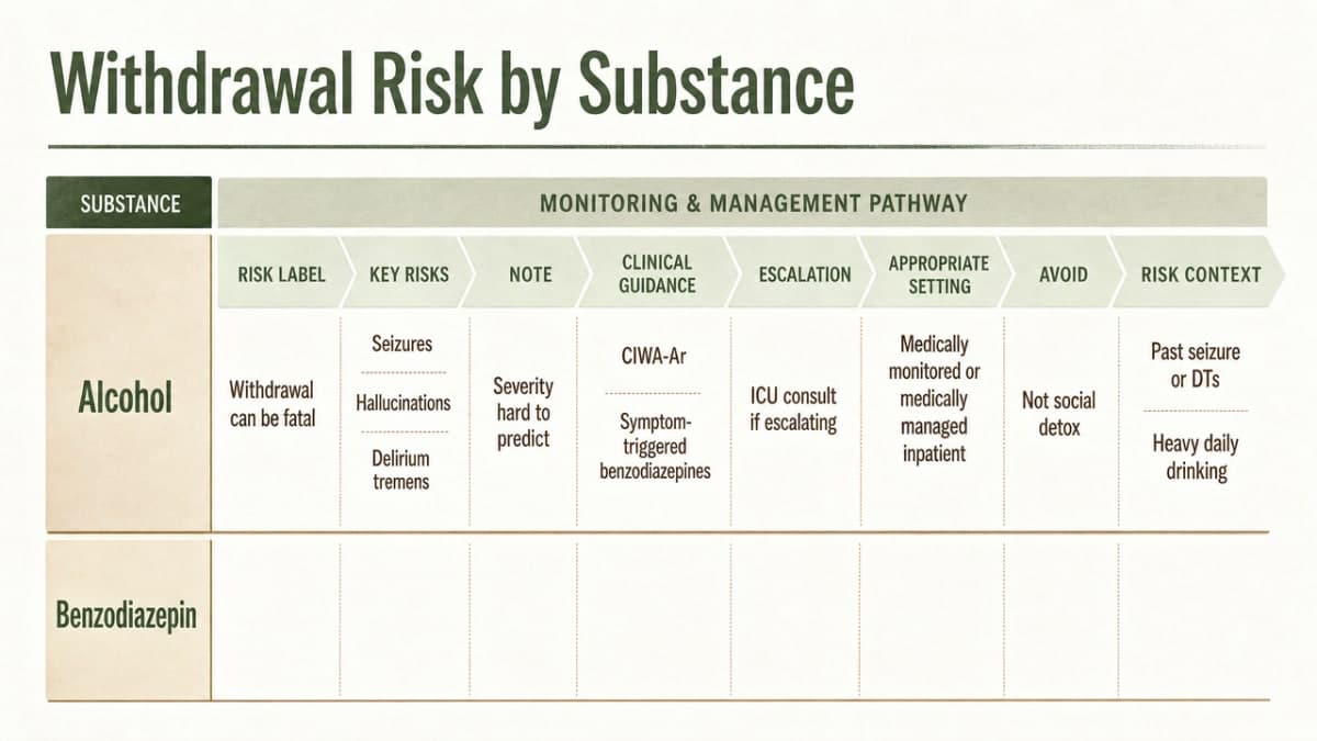 Compare withdrawal risk profiles across the substances discussed in this section so readers can identify their required level of monitoring