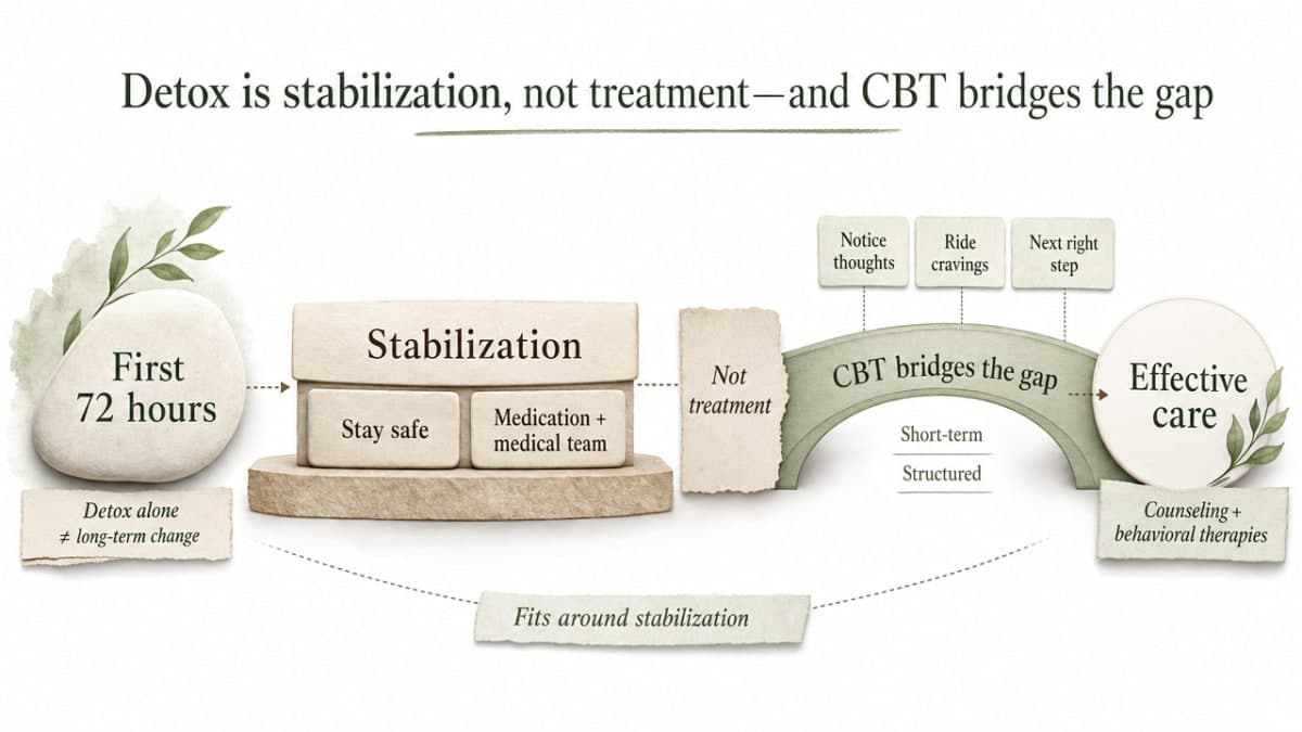 Visualize the three quiet CBT skills introduced during the first 72 hours of stabilization, as described in the section