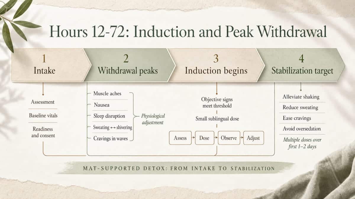 Visualize the first-week MAT-supported detox timeline described across the section, showing the progression from intake through stabilization