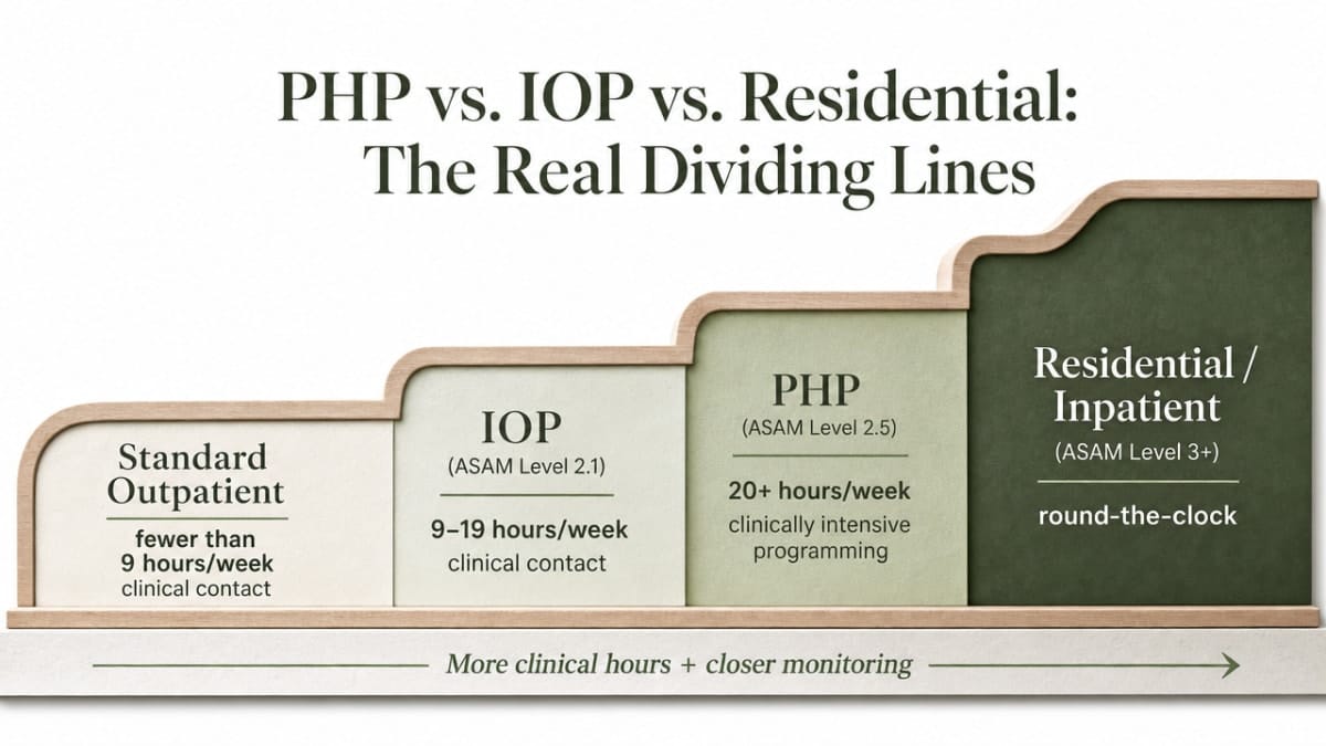Visualize the ASAM care continuum comparison cited in this section, showing weekly clinical hours and setting for each level