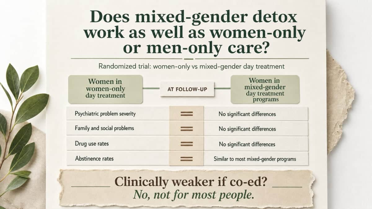 Visualize the comparison of clinical outcomes between mixed-gender and women-only detox based on the randomized trial cited in this section, supporting the section's core claim