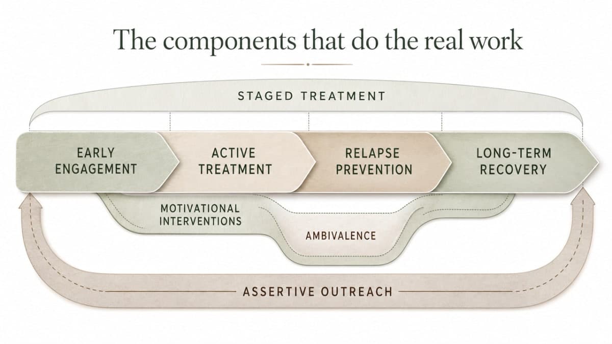 Visualize SAMHSA's core components of integrated co-occurring disorder treatment as a layered process framework, directly supporting the section that walks through each named component