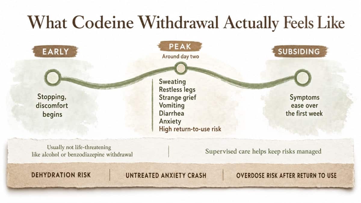 Visualize the cited withdrawal timeline (early, peak, subsiding) described in this section, giving readers a clear map of what to expect over the first week