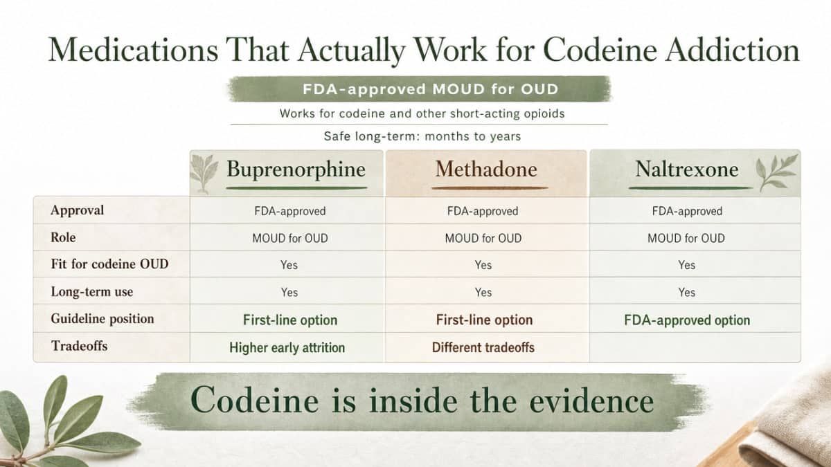 Provide a side-by-side comparison of the three FDA-approved MOUD options discussed in this section (buprenorphine, methadone, naltrexone), matching the cited framework from FDA and the 2024 guideline