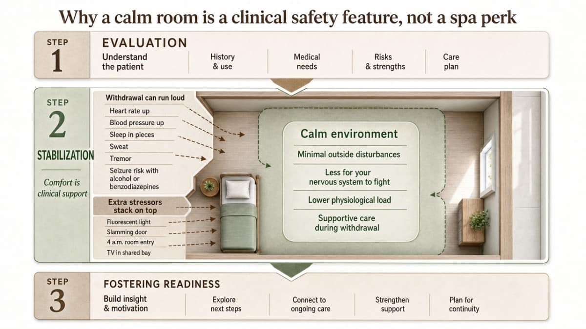 Visualize SAMHSA's three-part medical detox framework (evaluation, stabilization, fostering readiness) that anchors this section's argument