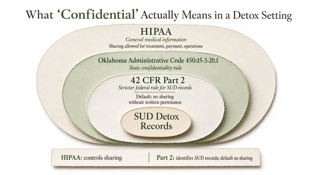 Visualize the layered legal framework protecting SUD detox records — federal Part 2, Oklahoma Administrative Code 450:15-3-20.1, and HIPAA — as described across the three subsections