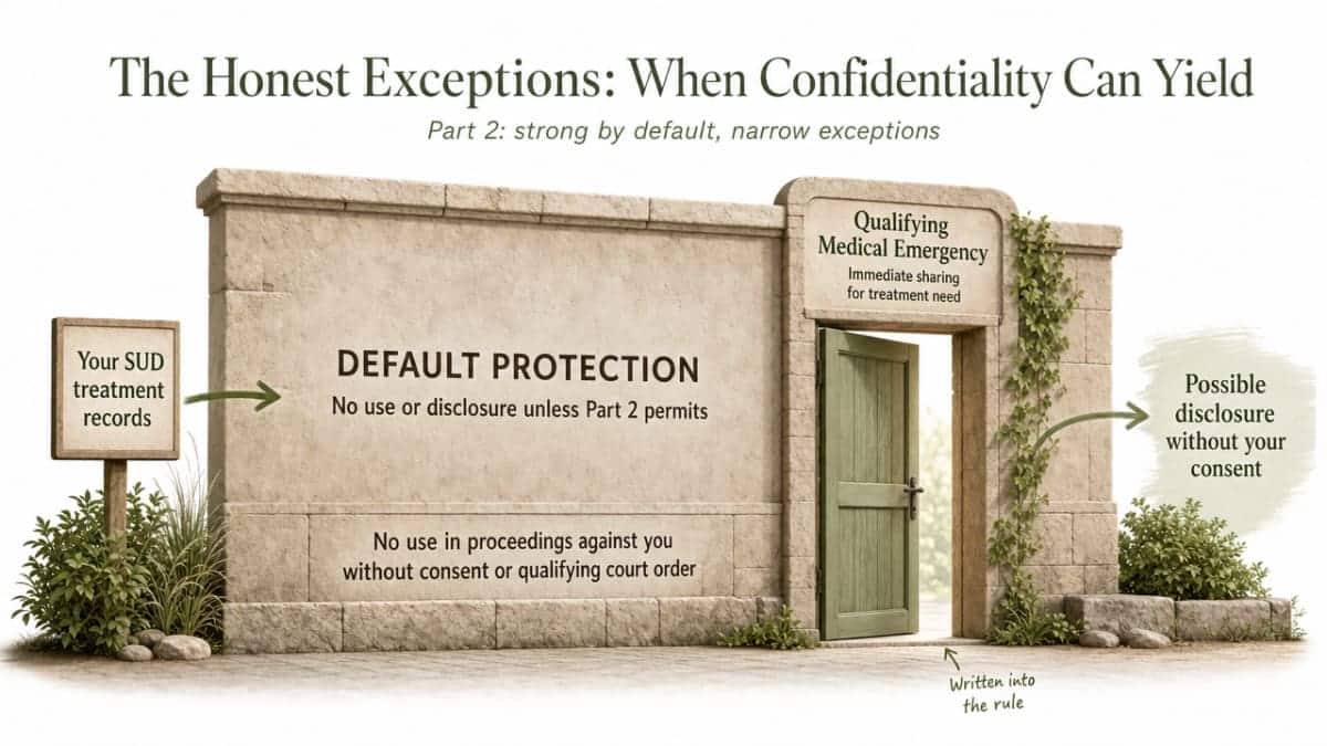 Clarify the narrow, named exceptions to Part 2 confidentiality that this section walks through, contrasted against the default protection