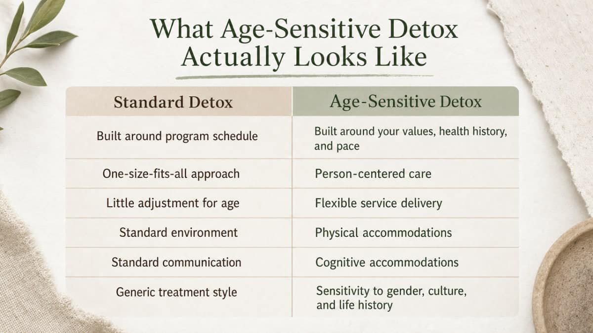 Visualize the comparison between standard detox and age-sensitive detox as described in this section, giving readers a scannable side-by-side of what changes for older adults