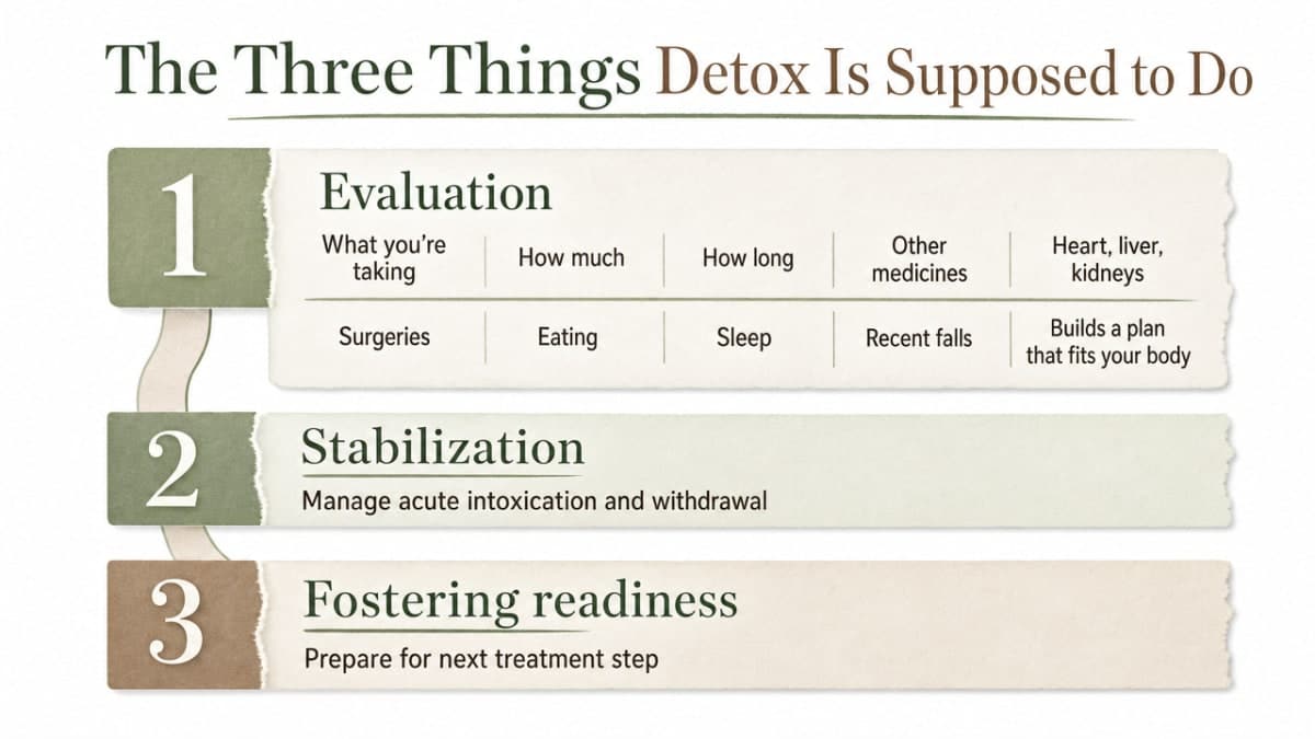 Illustrate the three-step detox process (evaluation, stabilization, fostering readiness) cited from SAMHSA TIP 45 in this section as a linear process infographic