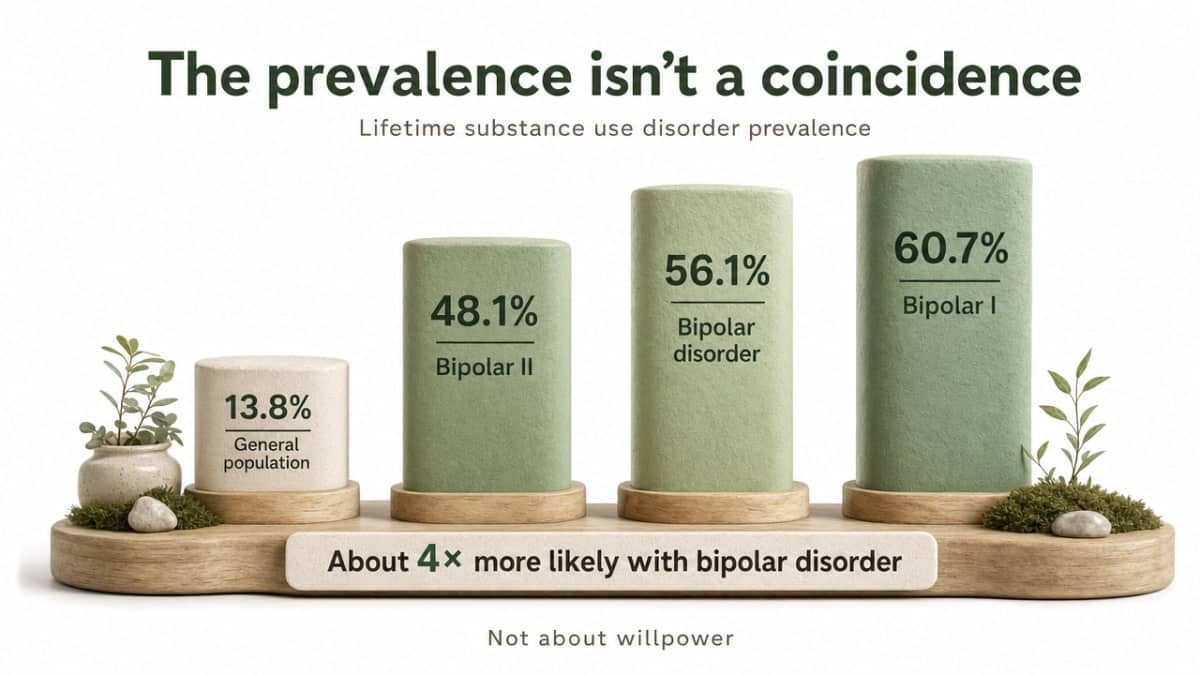 Visualize the striking lifetime SUD prevalence gap between people with bipolar disorder and the general population, which is directly cited in the surrounding prose