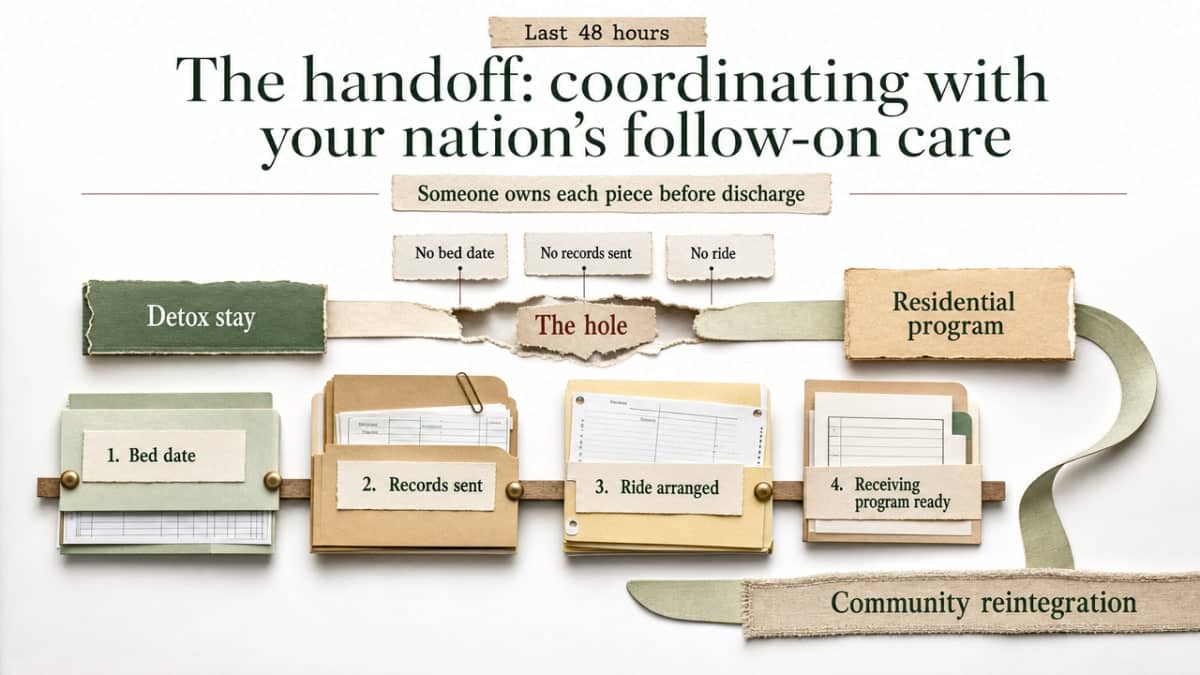 Visualize the four ownership pieces of a successful detox-to-residential handoff described in the section