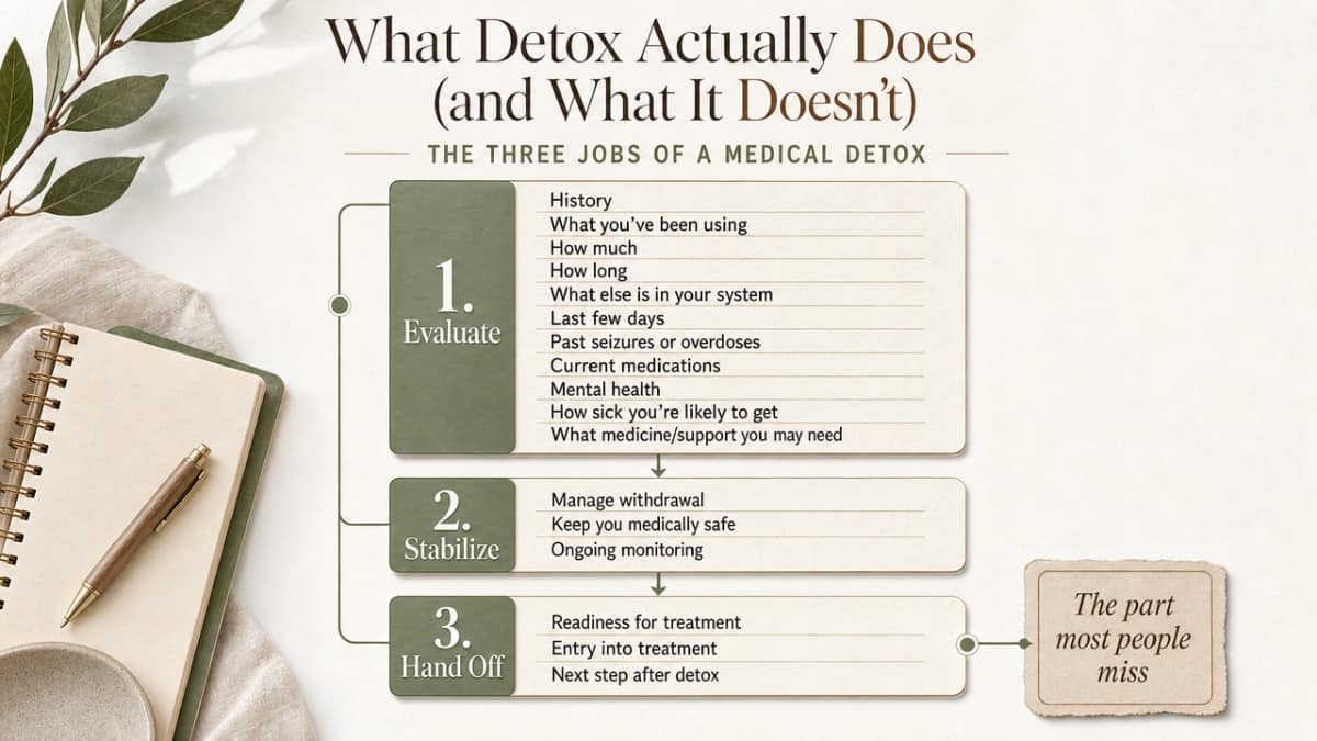 Visualize the three defined components of detox as described in the section, sourced from TIP 45 clinical guidance