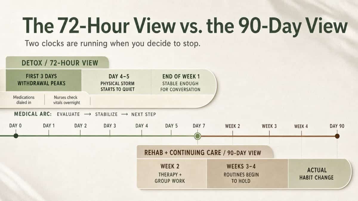 Illustrate the two overlapping timelines (detox and rehab/continuing care) described in the section as a patient journey