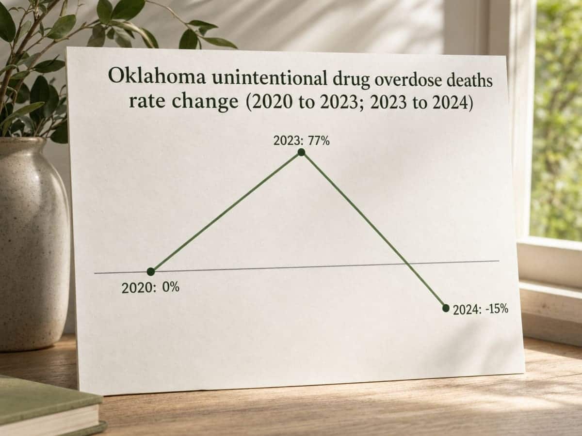 Chart showing Oklahoma unintentional drug overdose deaths rate change (2020 to 2023; 2023 to 2024)