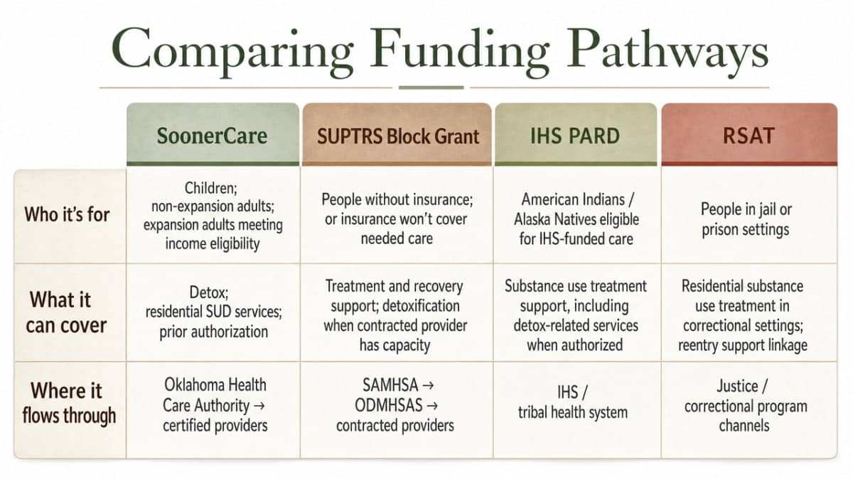 Visualize the four distinct funding rails (SoonerCare, SUPTRS Block Grant, IHS PARD, RSAT) as a side-by-side comparison matching the article's comparison table, helping readers quickly identify which pathway applies to their situation