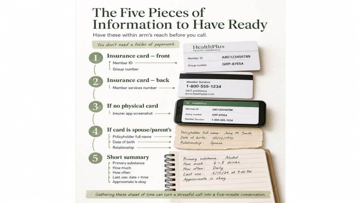 Visualize the five specific items the reader needs to gather before calling, directly reinforcing the section's checklist structure