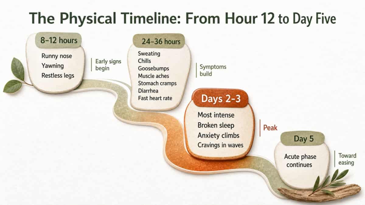 Visualize the cited hydrocodone withdrawal timeline described in the section, giving readers a clear progression of what to expect across the five-day acute phase