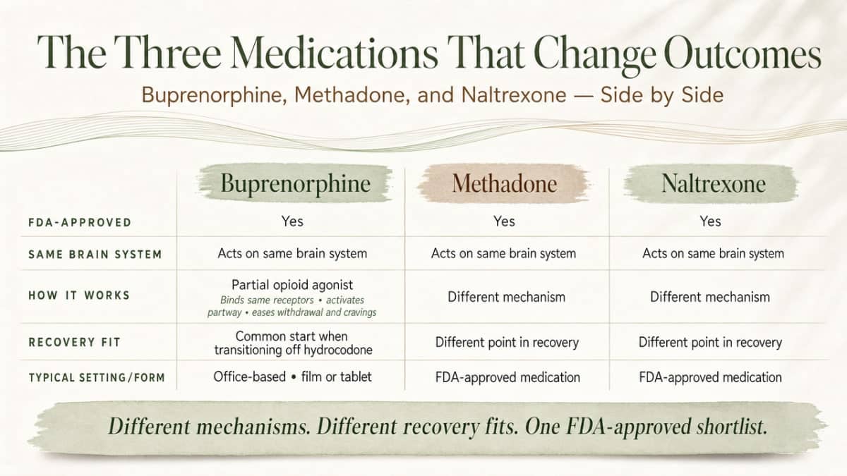 Compare the three FDA-approved medications for opioid use disorder cited in the section, matching the side-by-side comparison the article explicitly draws