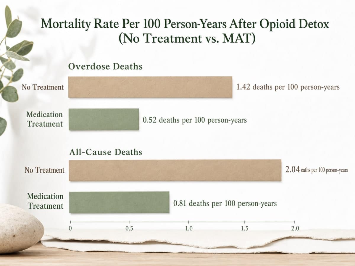 Chart showing Mortality Rate Per 100 Person-Years After Opioid Detox (No Treatment vs. MAT)