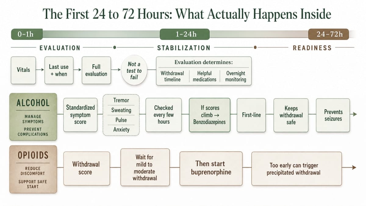 Visualize the evaluation-stabilization-readiness clinical framework and what happens hour-by-hour during the first three days, supporting the section's cited steps