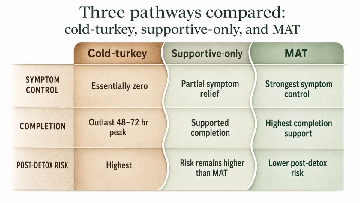 Visualize the three-pathway comparison the section explicitly describes, showing cold-turkey vs supportive-only vs MAT across symptom control, completion, and post-detox risk