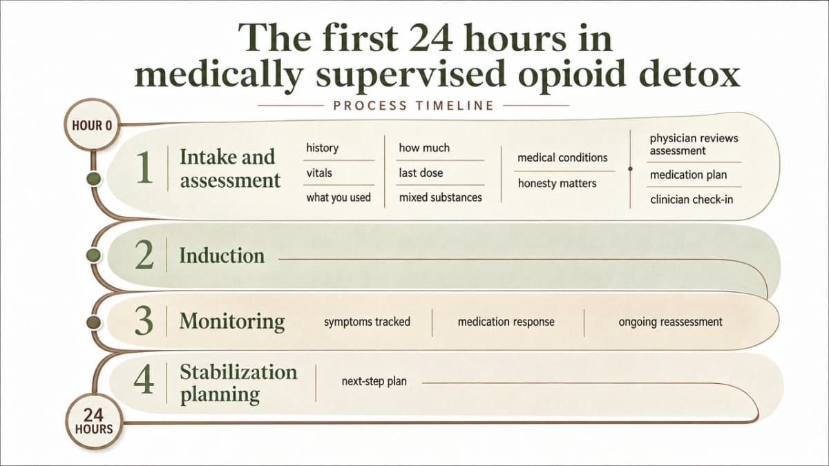 Process infographic visualizing the four-phase clinical timeline described in the section: intake, induction, monitoring, and stabilization planning