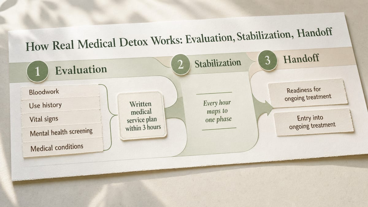 Show the three SAMHSA-defined phases of medically supervised detox as a linear process, directly supporting the section's cited framework