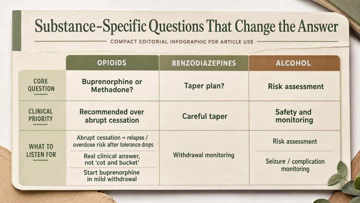 Summarize the different clinical priorities for opioid, benzodiazepine, and alcohol withdrawal in one comparison visual that reinforces the three subsections