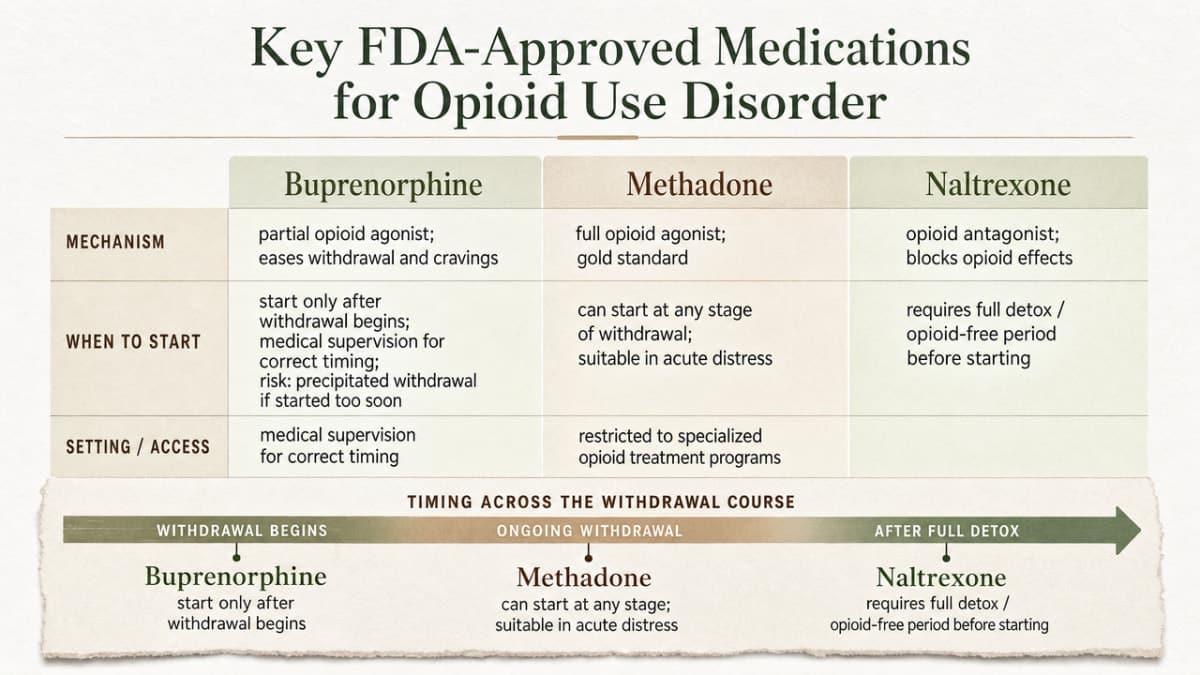 Compare the three FDA-approved MAT medications discussed in this section, showing mechanism, timing requirements, and setting — all directly cited in the article prose