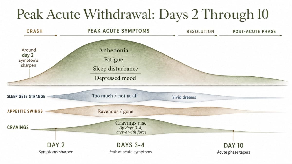 Visualize the meth withdrawal timeline described in the section: crash, peak acute symptoms, resolution, and post-acute phase