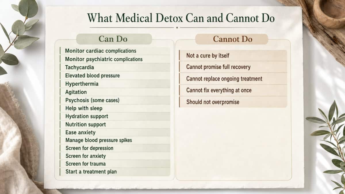 Visualize the section's clear comparison between what medical detox can deliver versus what it cannot, based directly on cited clinical guidance