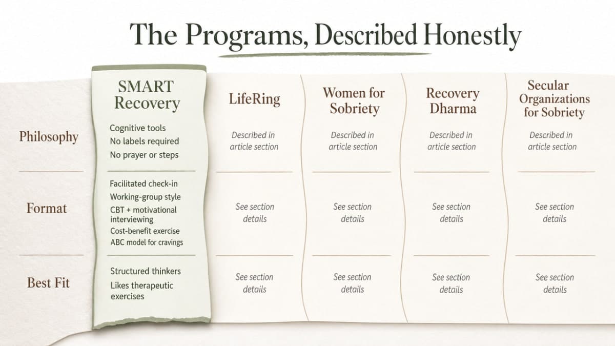 Compare the five main non-12-step programs side-by-side by philosophy, format, and best-fit user, matching the section's descriptions of each program
