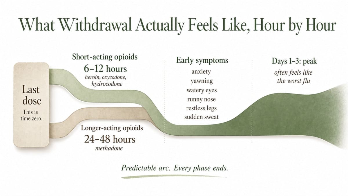Visualize the section's cited withdrawal timeline (onset, peak, easing, post-acute) for short-acting opioids, which the prose describes phase by phase