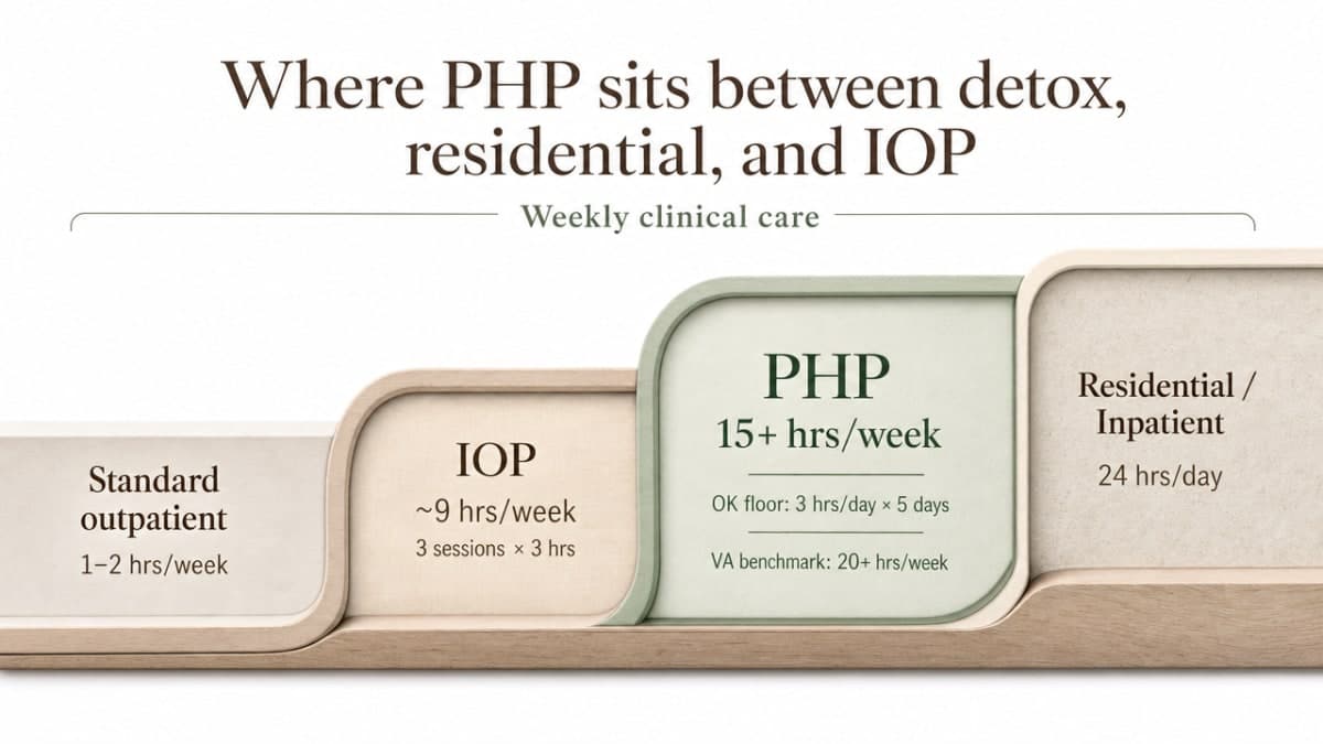 Compare weekly clinical hours across the four levels of care so readers can see where PHP fits between IOP and residential — a comparison the section explicitly walks through with cited hour minimums