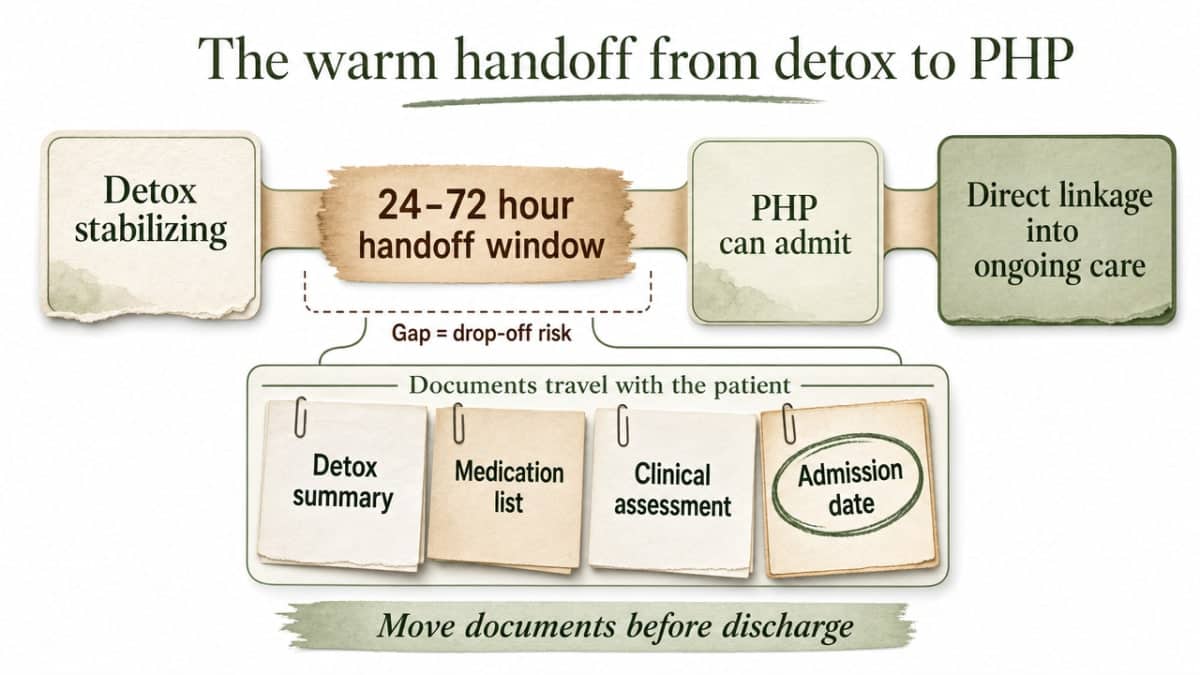 Diagram the 24–72 hour detox-to-PHP handoff sequence and the four documents that must travel with the patient — a workflow the section describes step by step