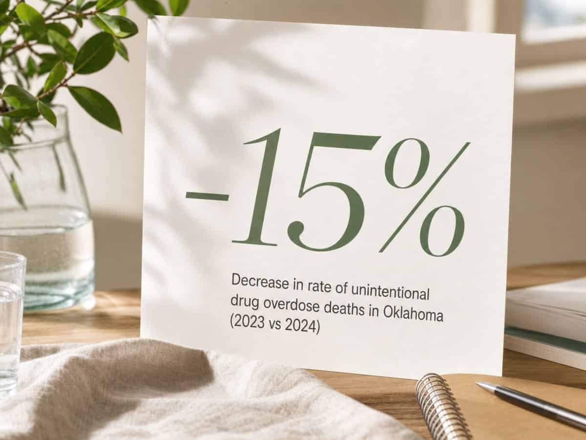 Infographic showing Decrease in rate of unintentional drug overdose deaths in Oklahoma (2023 vs 2024)