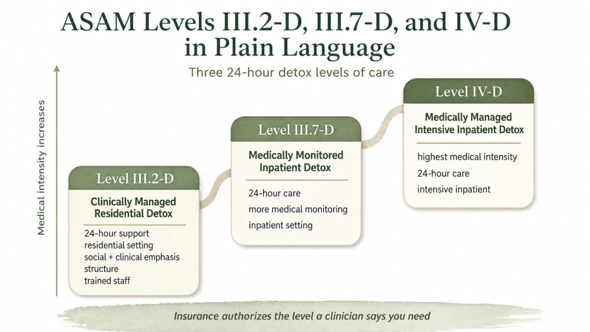 Visualize the three 24-hour ASAM detox levels of care discussed in the section, showing the progression of medical intensity for insurance authorization