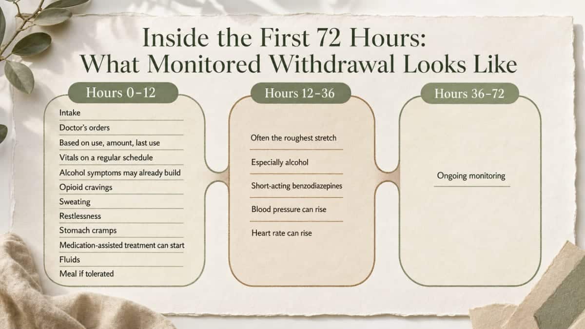 Process infographic visualizing the three time windows of monitored withdrawal described in the section, aligned with SAMHSA's phased detox model