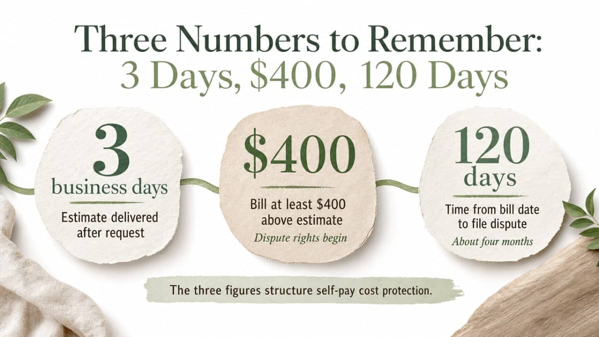 Visualize the three core federal timing and threshold rules that structure self-pay cost protection, all of which are cited directly in the surrounding prose
