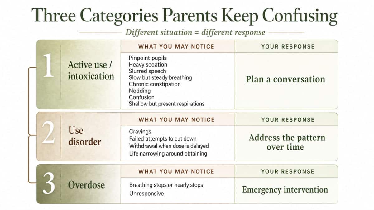 Clarify the three distinct situations parents confuse (active use, use disorder, overdose) and the correct response for each, directly mirroring the section's framework