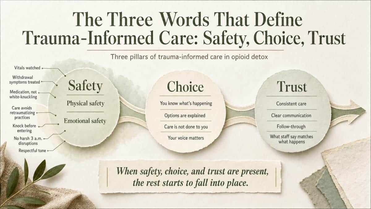 Process/framework infographic visualizing the three pillars of trauma-informed care (Safety, Choice, Trust) as defined in this section, with the short operational meaning of each drawn from the article prose