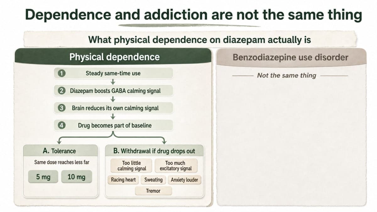 Clarify the core conceptual distinction the section is built around: physical dependence versus benzodiazepine use disorder, showing which signs sit in each column and where they overlap